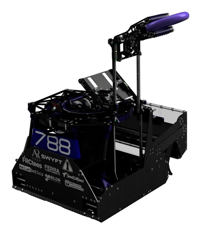 Ender — a carbon-fibre competition robot with a raised arm and purple intake roller