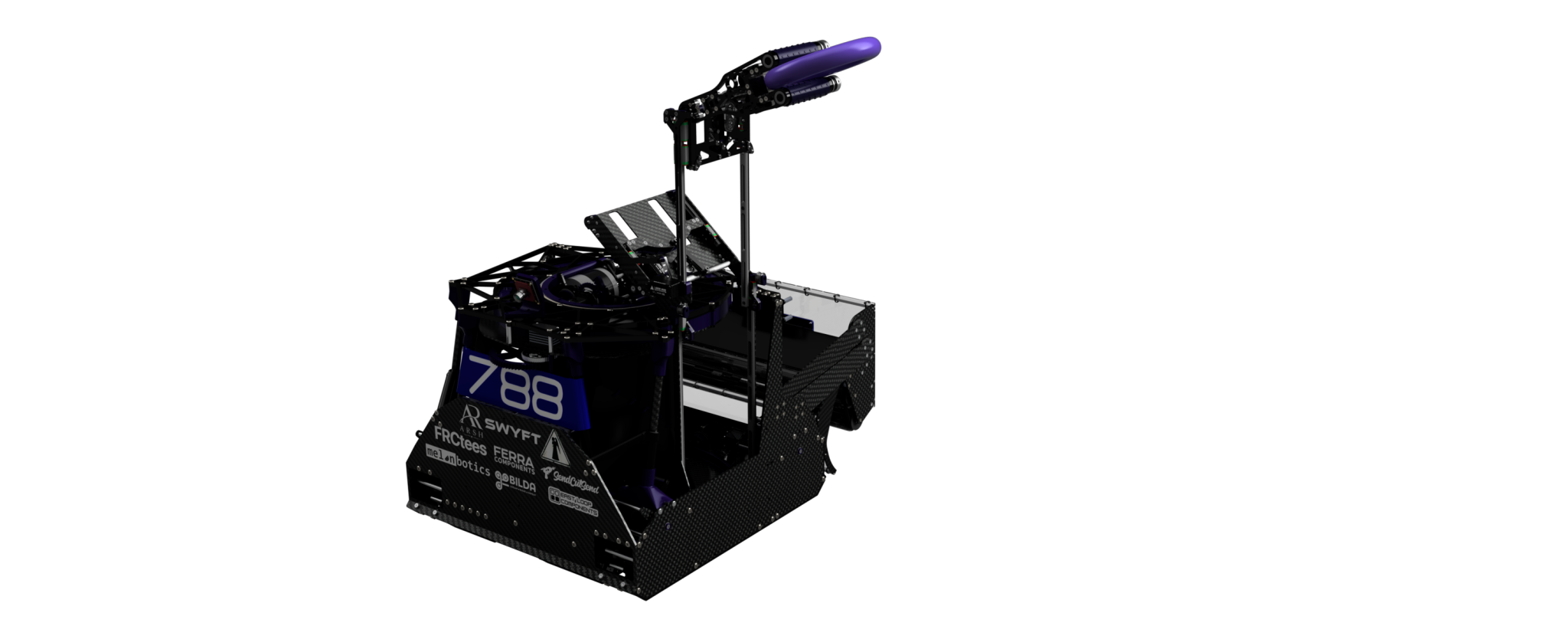 Ender — a carbon-fibre competition robot with a raised arm and purple intake roller